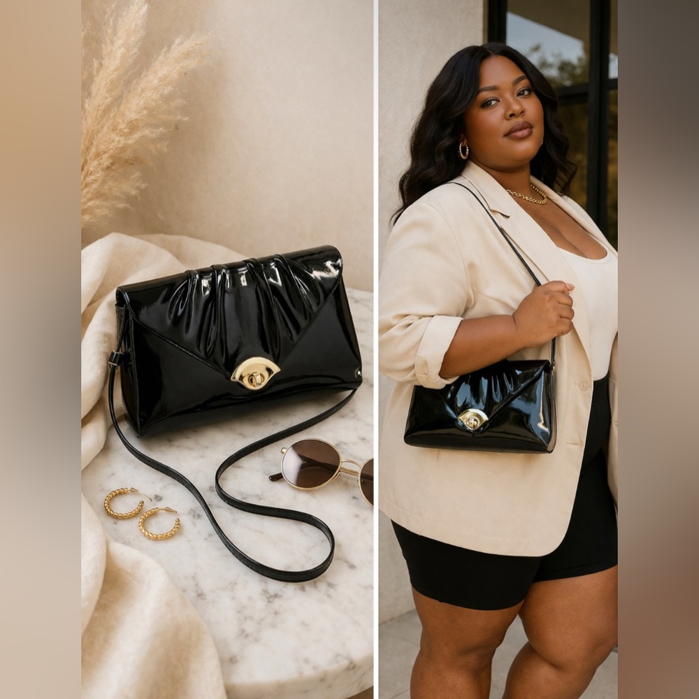 Vintage-Inspired Black Patent Shoulder Bag